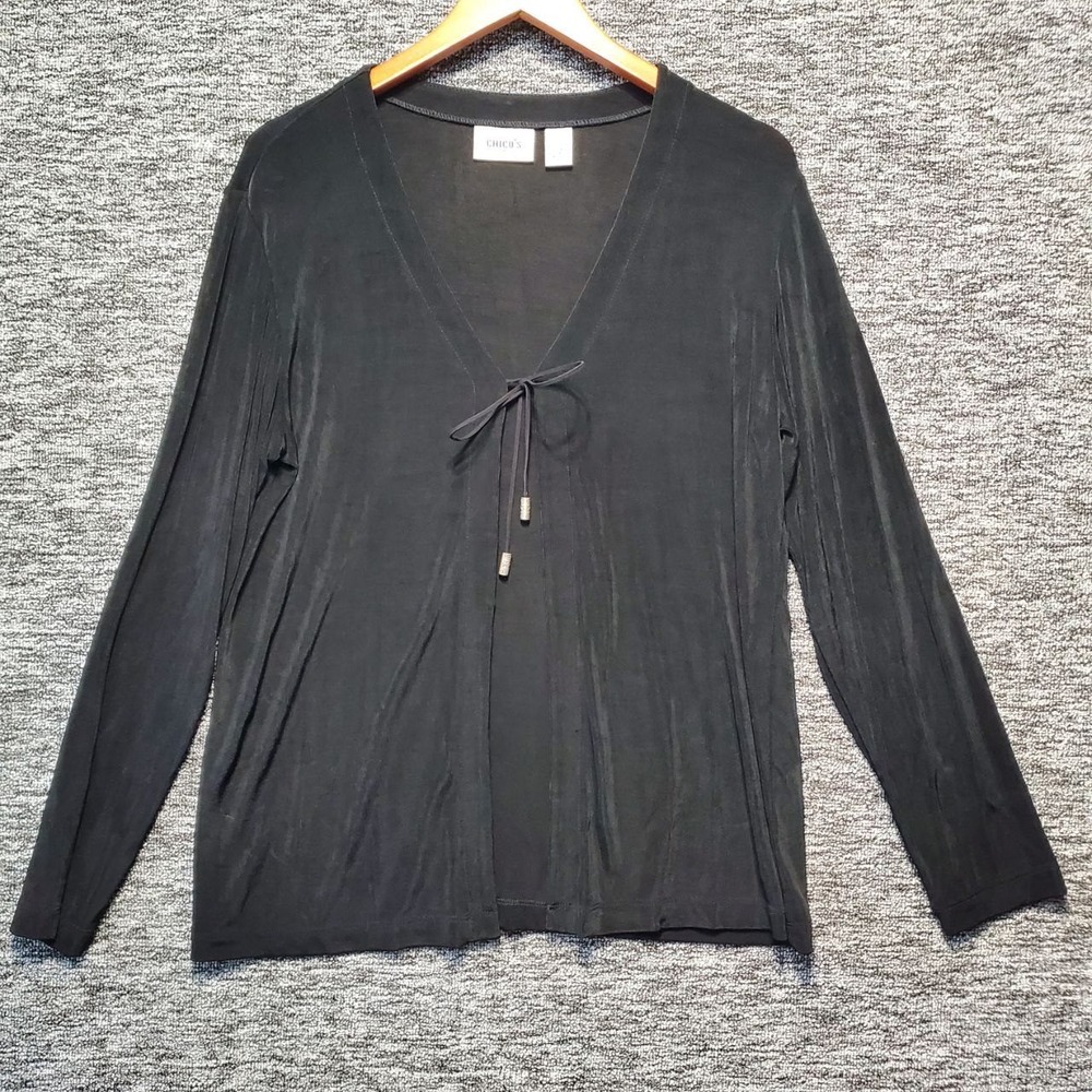 VTG Chicos Travelers Slinky Knit Cardigan Women L Black Tie Front Long Sleeve